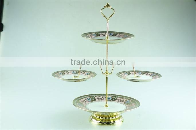 Extravagant gold cake stand ceramic porcelain cake stand with metal handle