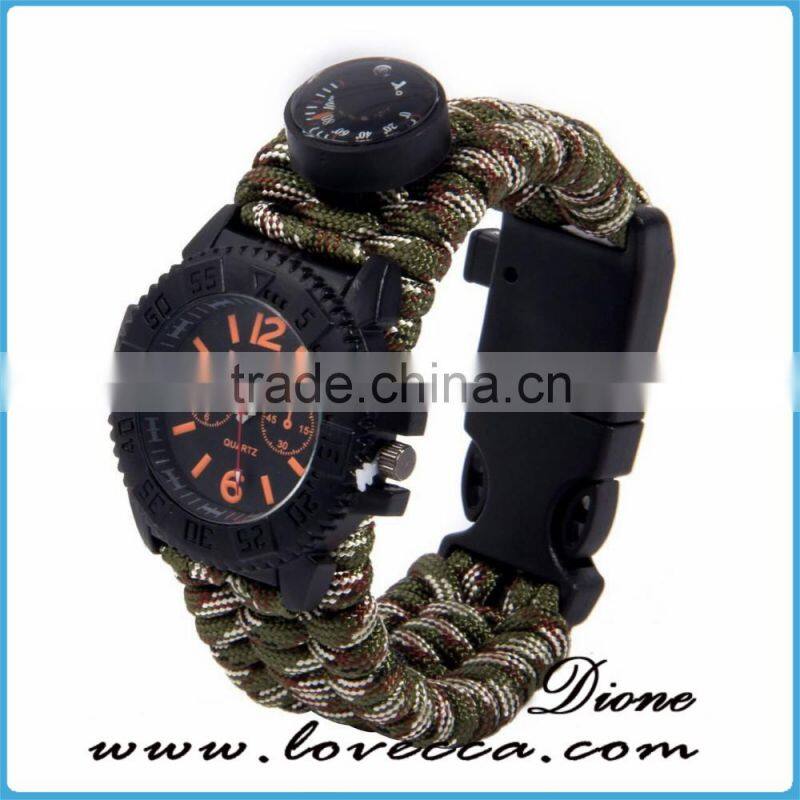 Multifuctional Paracord survival Watch with Compass Whistle Fire Starter Watchband Bracelet Outdoor Activities Tool