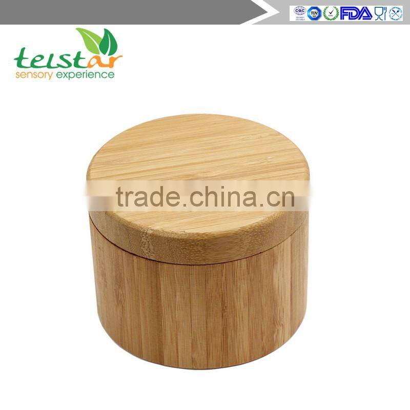 Round Bamboo Salt Box with Magnetic Closure is Eco-Friendly, 100% Organic bamboo, Professional-Grade, salt and pepper shaker