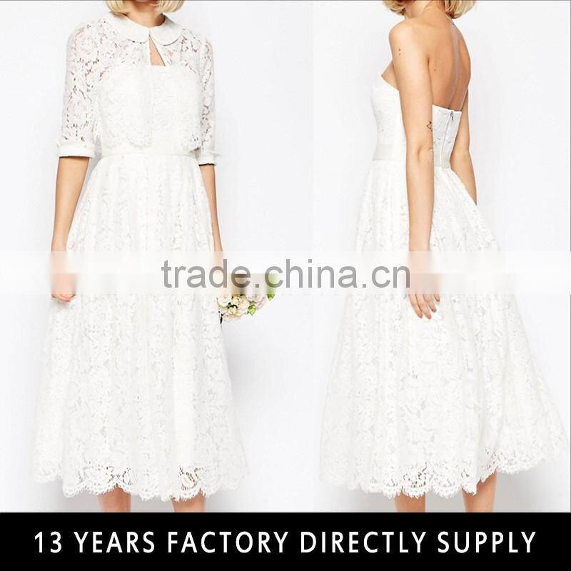 White adjustable collar ball gown wedding dress 2016 Elegant crochet lace wedding dress bridal gown