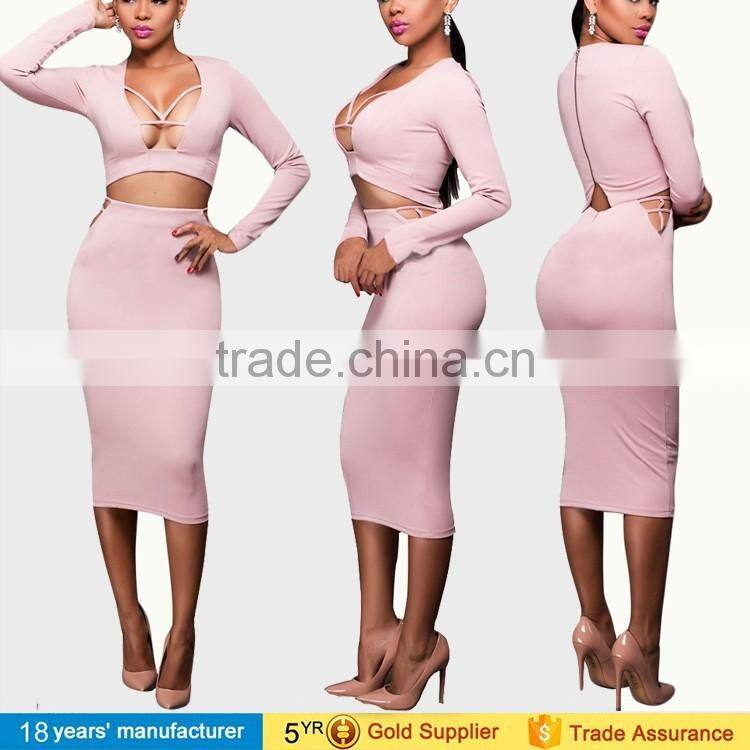 2017 sexy women long sleeve bodycon two piece dress club wear prom crop top blouse and long skirt