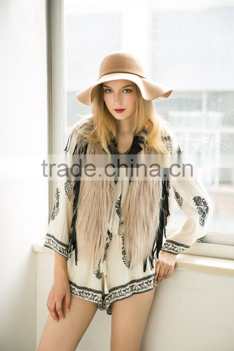 2016 new European style leather splicing faux fur vest woman dress