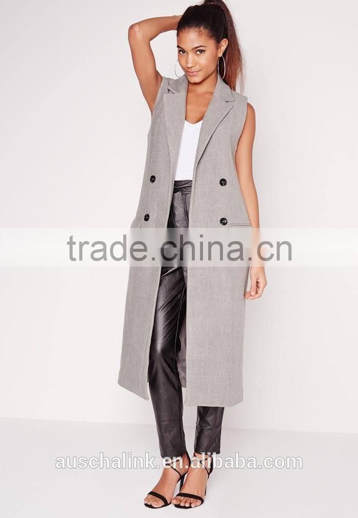 women fashion double breasted sleeveless wool maxi coat