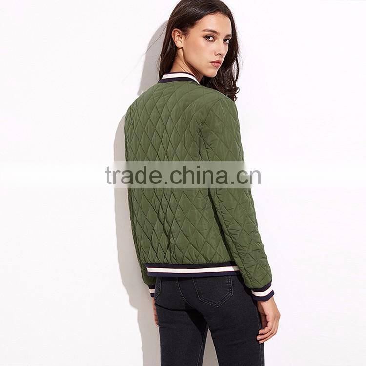 HAODUOYI Women Warm Solid Letter embroidery Lattice Street Zipper Bomber Jacket