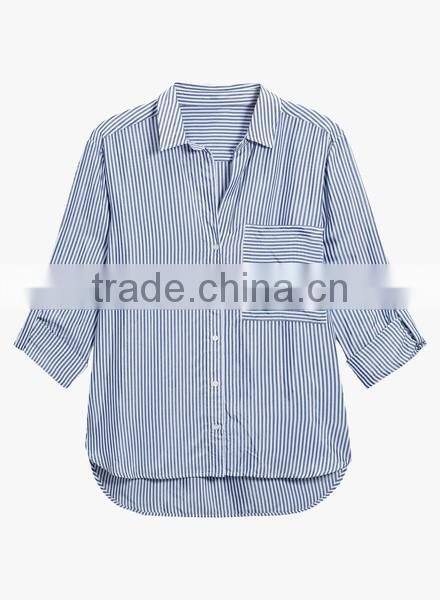 Wholesale 2017 Custom Ladies Fashion Frill Blouse Stripes Relaxed Ruffle Shirts