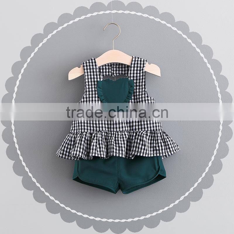 Baby girl clothes summer outfit plaid sleeveless top dark green shorts plus size children wear oem service