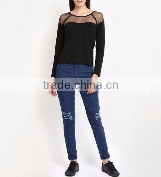 Two-color long sleeve t-shirt skin tight t shirt with net design