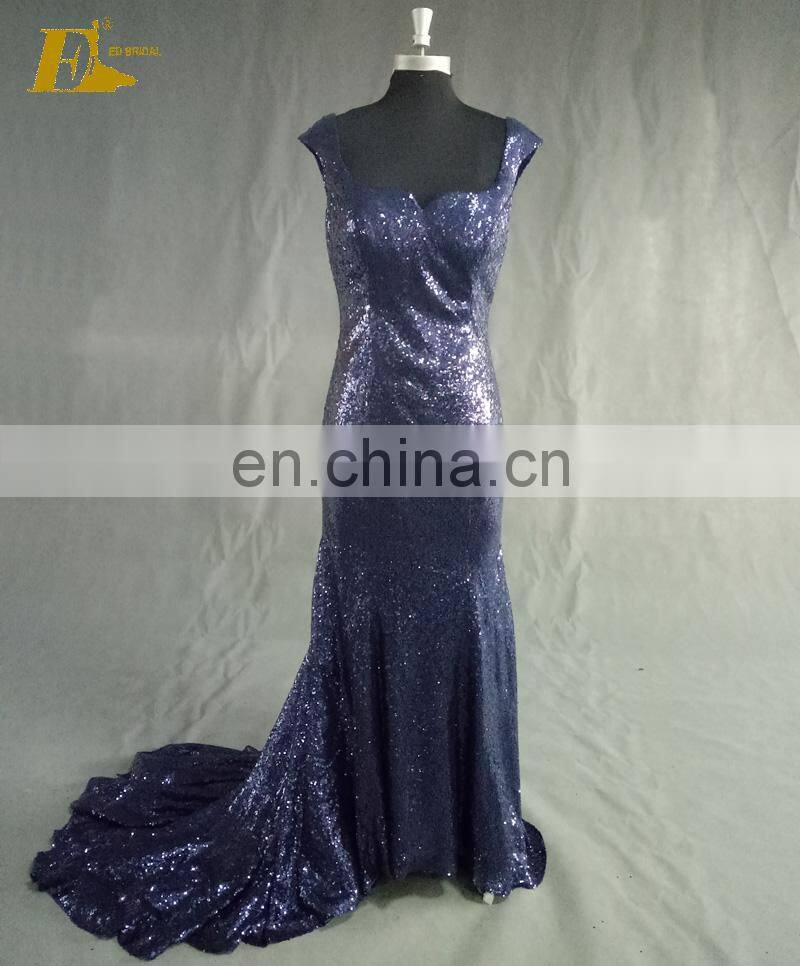 Navy Blue Sequin Fabric Mermaid Cap Sleeve Evening Dresses Long