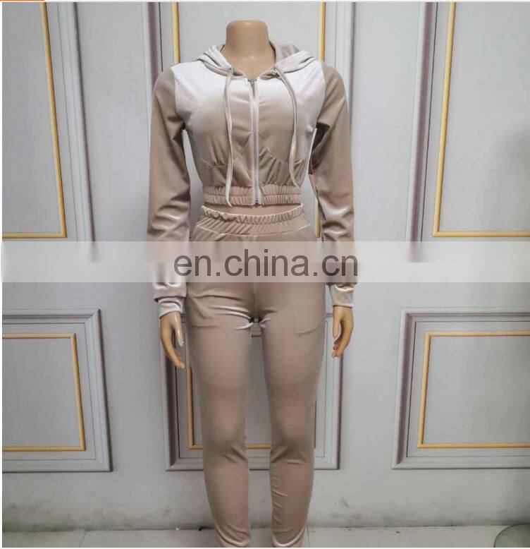 New Fashion Women Autumn Winter Casual Fleece Zipper Hooded Short Tops Long Sleeve Tops + Pants Suit pants set two piece set