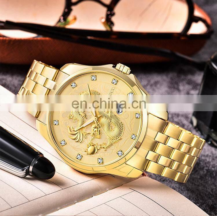 CHENXI 8220 Luxury Diamond Gold Men Watch Quartz Dragon Stainless Steel Analog Display Date Watches