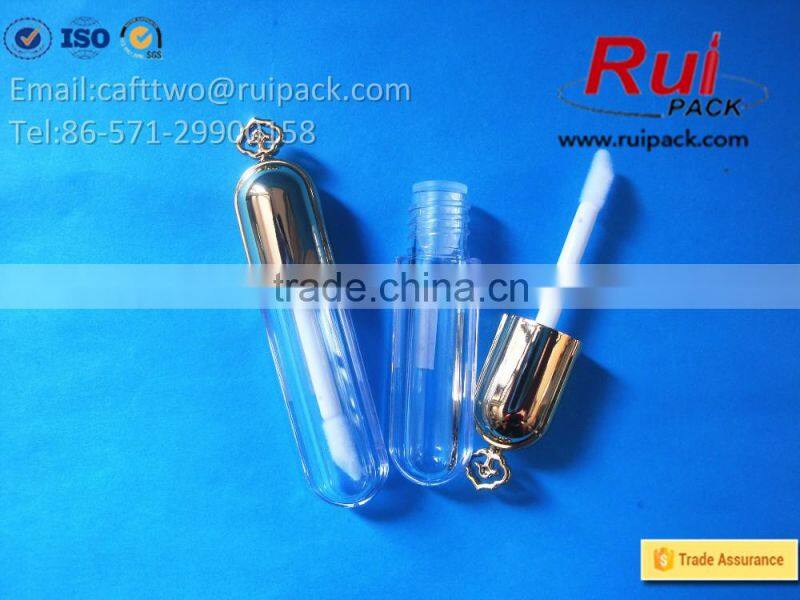 Mini lip gloss tube with gold brush cap, small transparent lip color tube/container