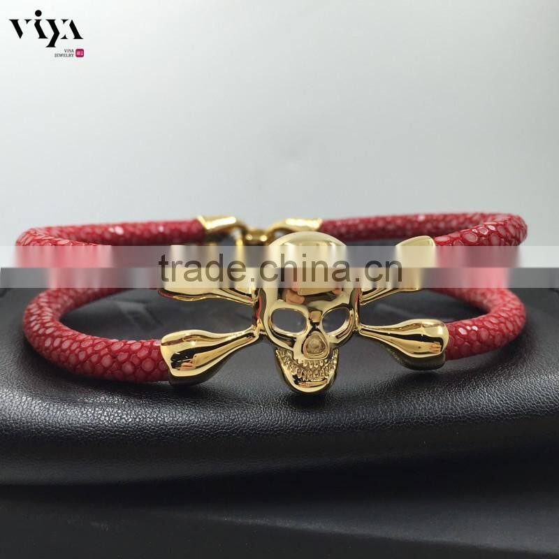 2016 Fashion Skull Men Bracelet, Genuine Stingray Leather Cord Bracelet, Stainless Steel Clasp Bracelet with High Quality End