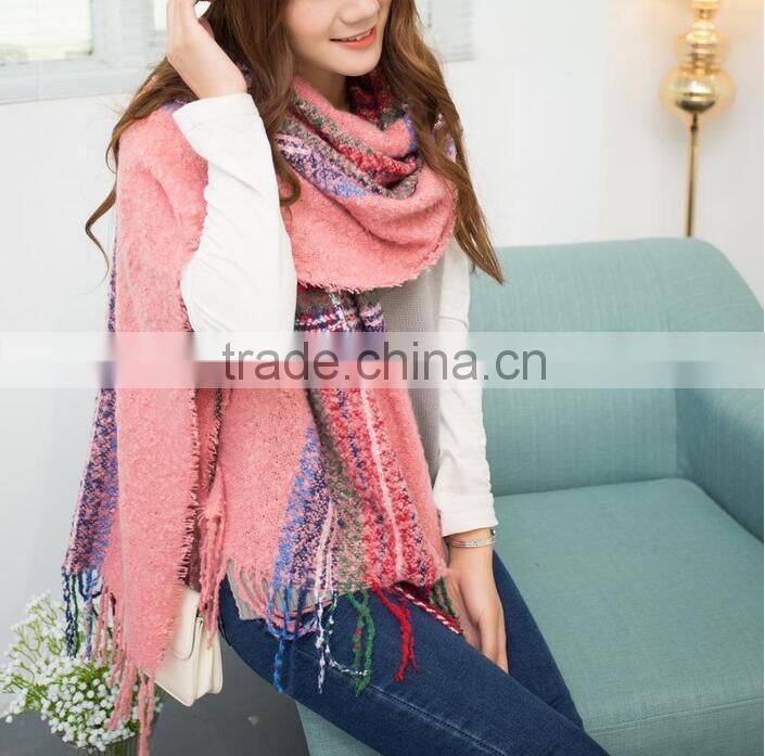 Winter Korean Lady Fashion Tassel Acrylic Plaid Cashmere Scarf Shawl
