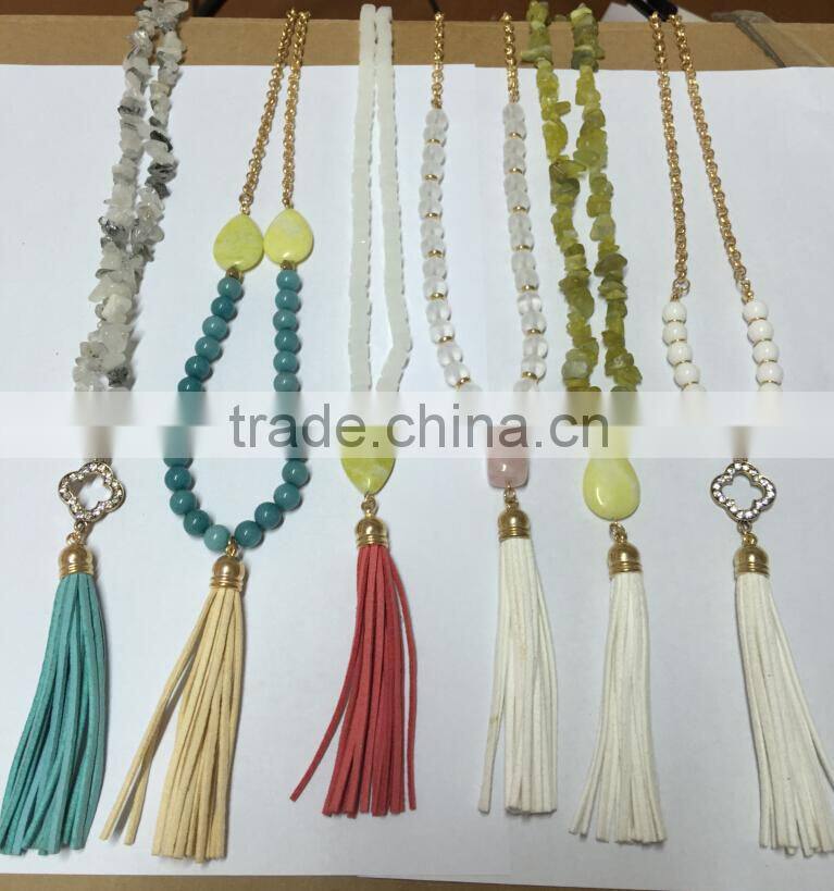 Latest Popular Natural Stone Beads Jeweled Slim Velvet Tassel Necklaces