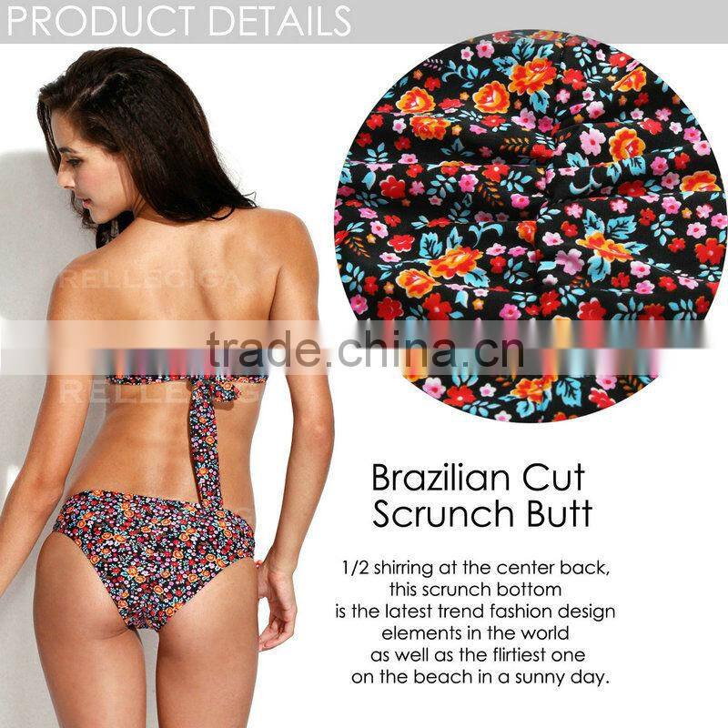 2016 RELLECIGA - Orange Dream FloralSwimwear with Lace-up Front &Brazilian Cut Scrunch Butt