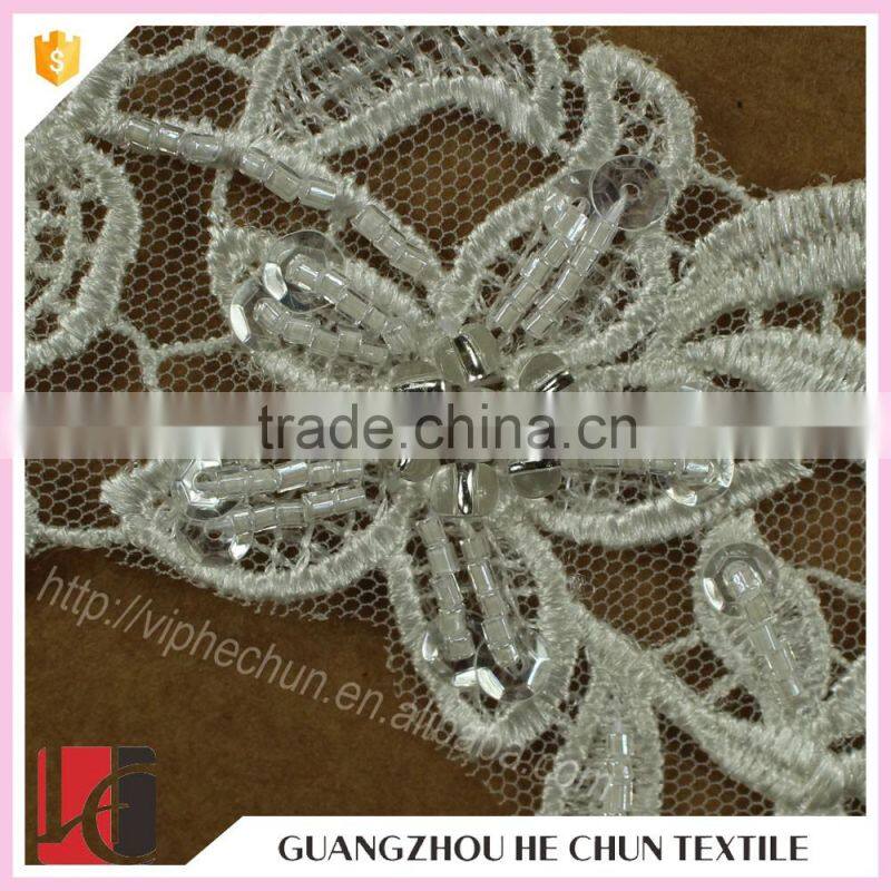 HC-2128-1 Hechun Computerized Embroidery Beaded White Bridal Lace Applique