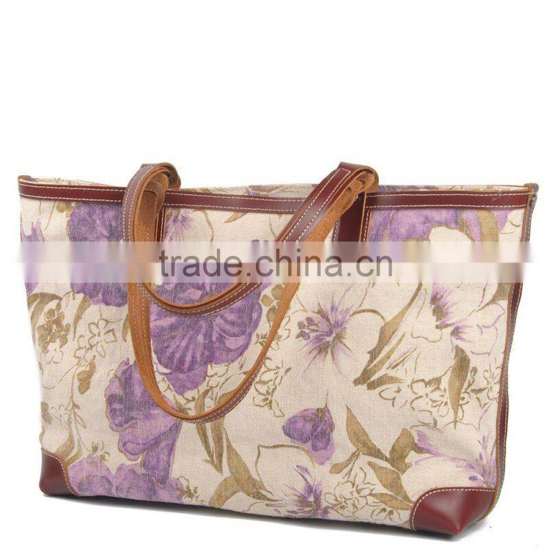 Heavy washed canvas leather flower printing shopping bag ladies canvas bag tote bag