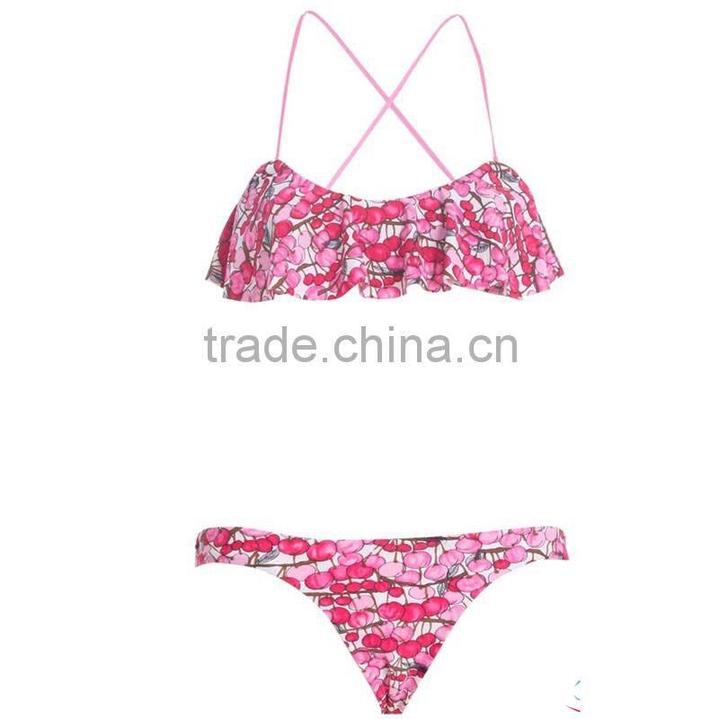 Cherry printed pink flounce top hot korean teen girl bikini with cross back