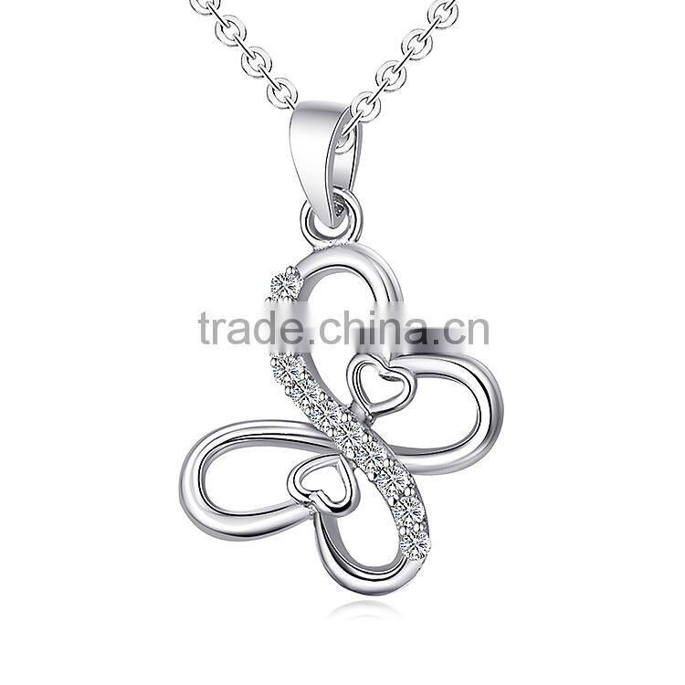 Womens 925 Sterling Silver CZ Pave Rhodium Plated Butterfly Pendant Necklace
