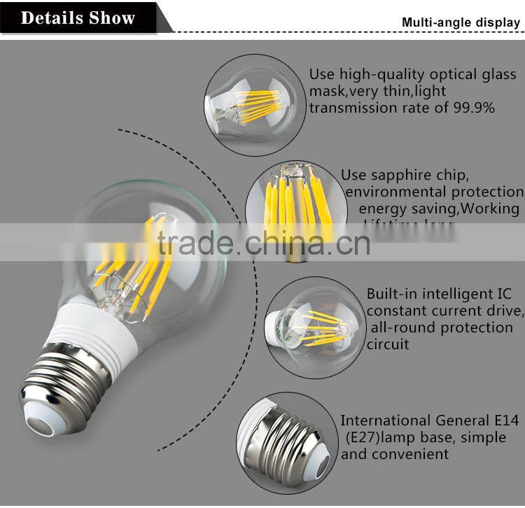 certificate approved clear glass A60 filament bulb light led bulb e27, dimmable led bulb 2600k, cheap dimmable led bulbs