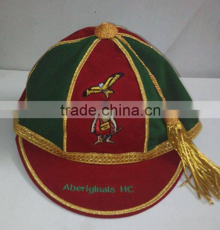 Embroidered Honours Cap with Golden Braid & Tassel, Red / Green Velvet