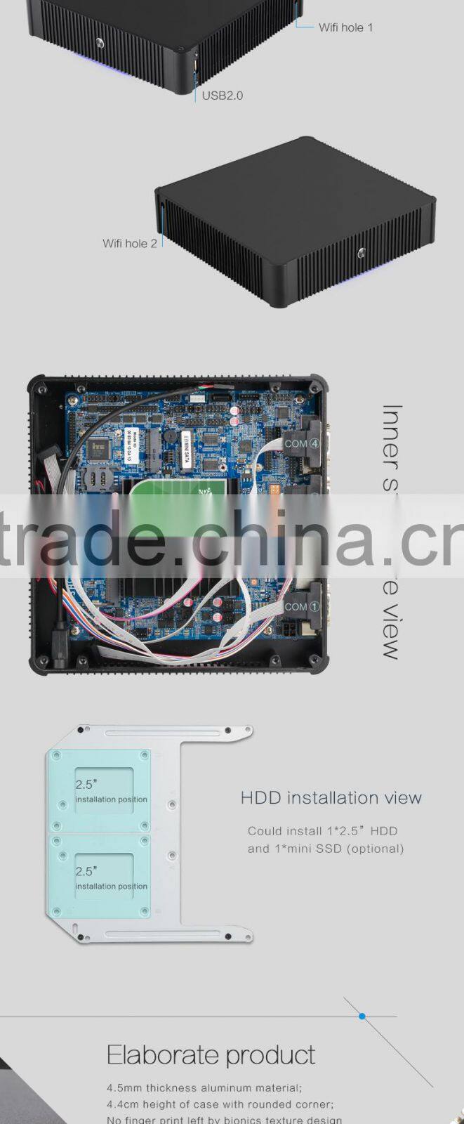 Fanless mini pc 12v mini pc J1900 CPU 4*COM VGA+HDMI windows xp linux system