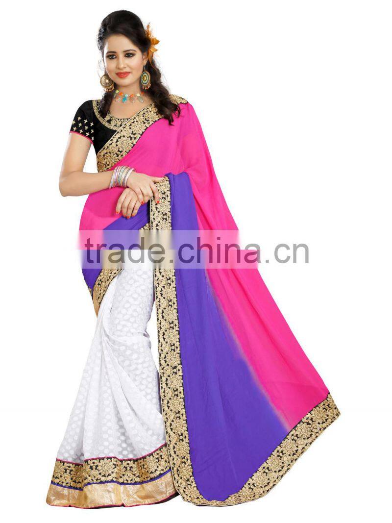Pink and blue color weightless embroidery sarees