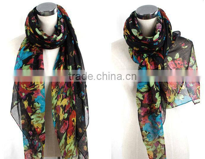 Wholesale Fashion Women Cotton Linen Rural Style Flower Beautiful Long Silk Scarf Shawl