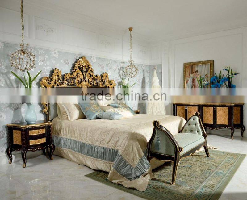 Rococo Palace Wooden Hand Carved Gold Leaf Upholstery Bedroom set/European Bedroom Furniture(MOQ=1 SET)