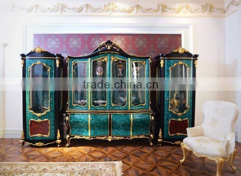 Antique Rococo Peacock Green Living Room Glass Display Cabinet/ Latest Design Decorative Wooden 4-Door Wine Cabinet
