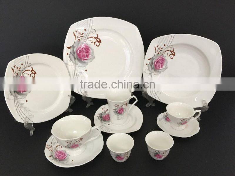 Fine porcelain sqaure shape 12pcs 16pcs 24pcs dinner set with popular flower decal model shape design dinner plate