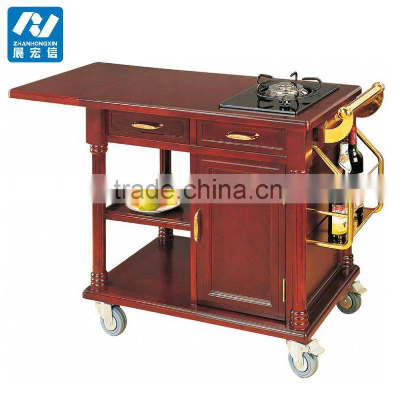 Luxury Food service Flambe Trolley with double gas stoves and wheels