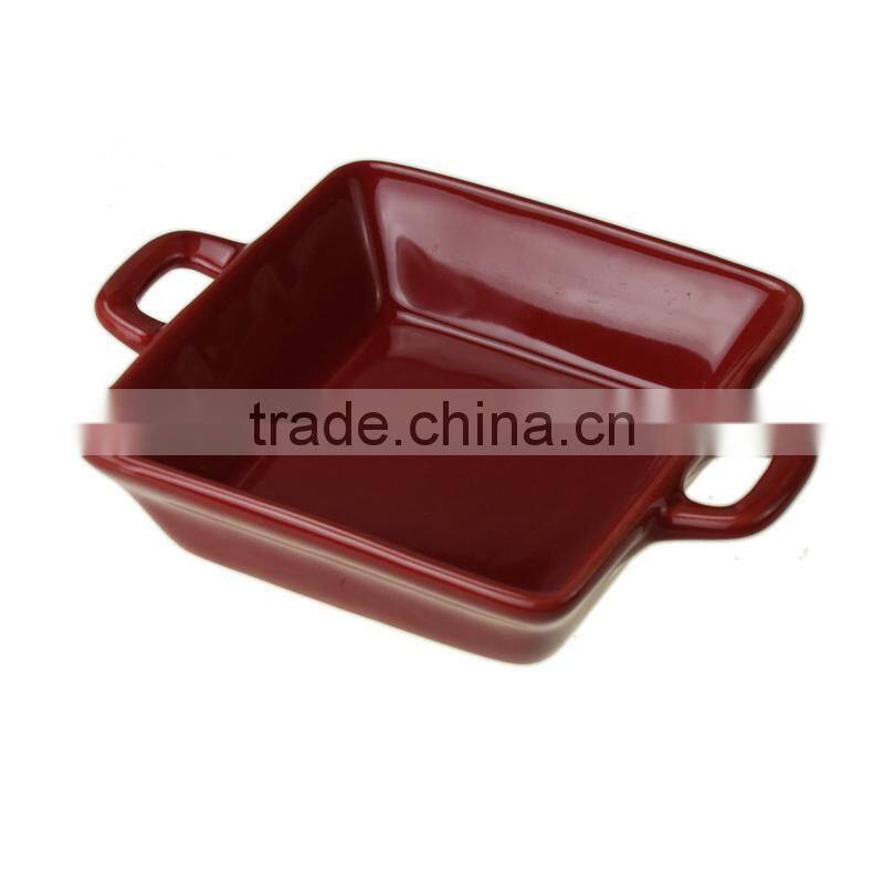 7.5"red color square ceramic bakeware with handles