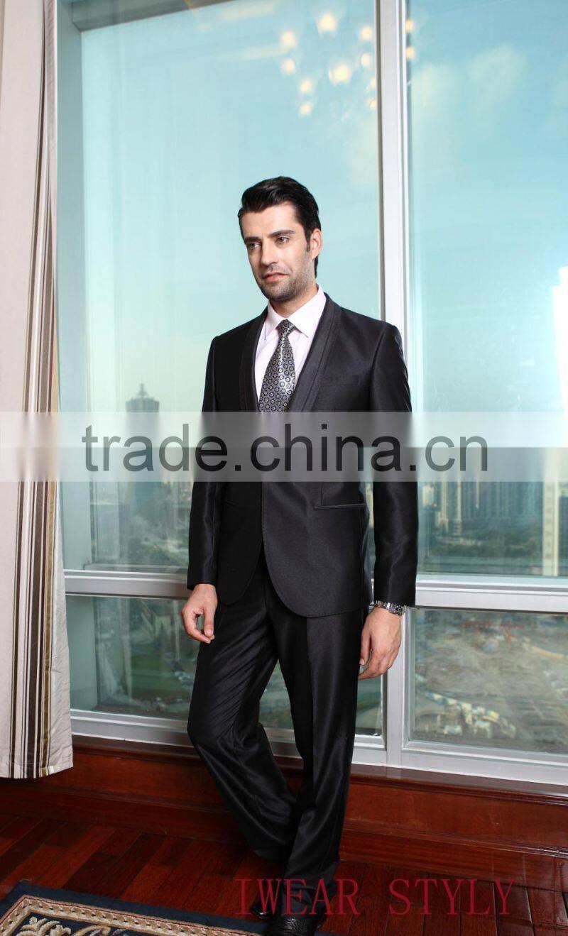 2015 custom made fashion satin lapel black suits for men