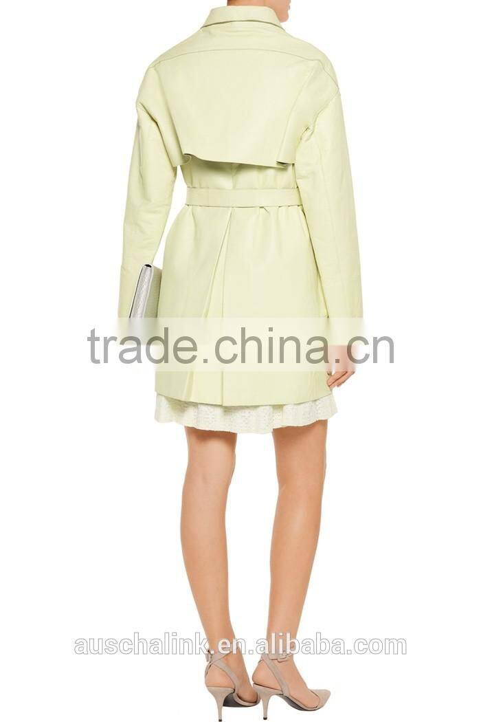 fashion design women light green leather trench coat OEM service