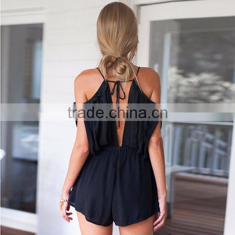 HAODUOYI Women V Neck Halter Neck Stretch Waistband Off Shoulder Culotte Jumpsuit