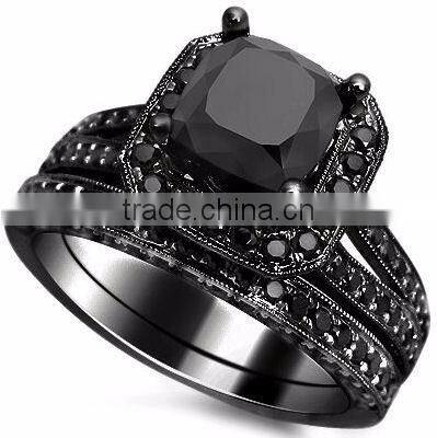 Self-designed brass/sterling silver micro paved jewelry black diamond ring set for men and women