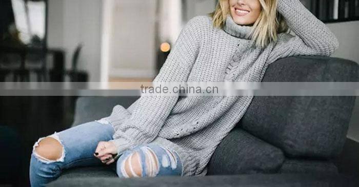 Fashion women blue high waisted brushed ripped skinny denim jeans with hole