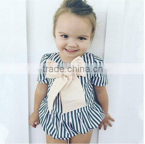 hight quality short sleeve striped designs big bow baby girl rompers for wholesale 2017