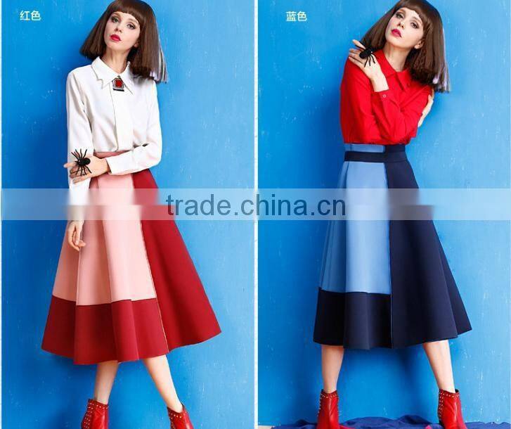 2015 winter hot sale womens A-Line High Waist patchwork long skirt