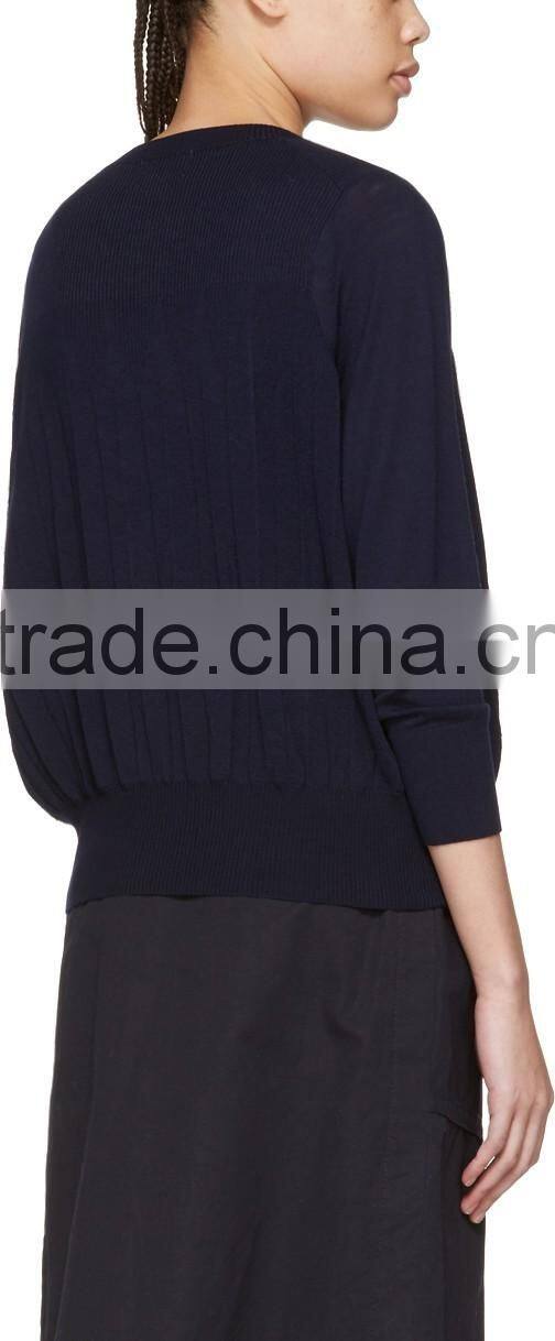 High Quality Long Sleeve Pleated Knit Wool Cardigan with Buttons Closure at Front
