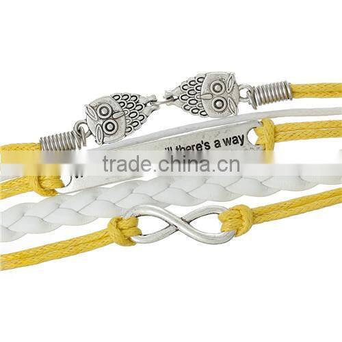 Wax Rope Braiding Bracelets Yellow & White Antique Silver Owl Halloween & Infinity Symbol Findings 18cm