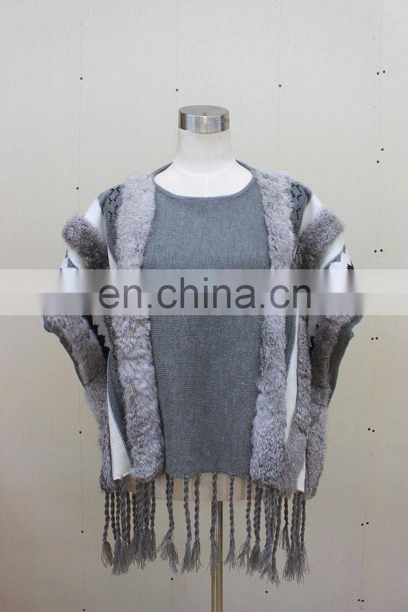 Vintage Style Rabbit Fur Knitted Shawls Fashionable Knit Shawls With Tassel Stylish Knitting Cape Poncho