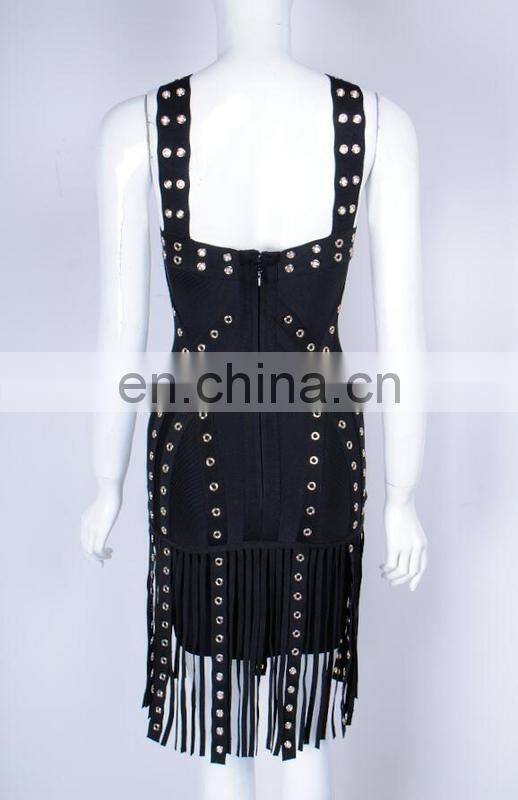 Amigo 2017 new style sexy cross strap tassel bandage dress midi eyelet beaded evening dresses for women club wear