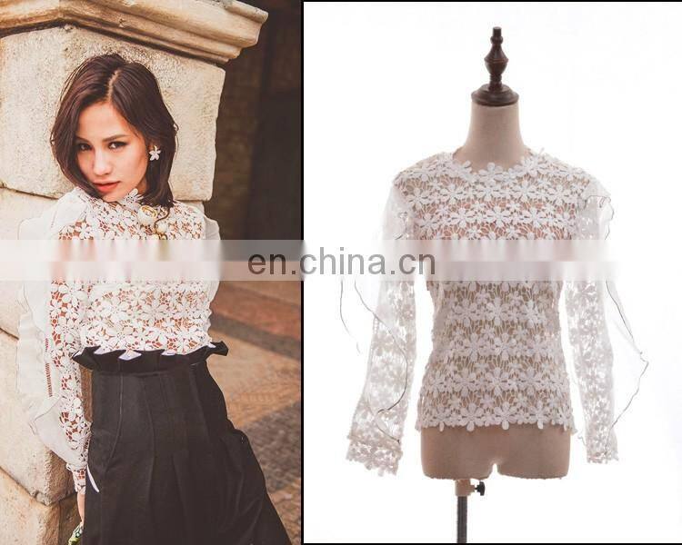 beautiful lace long sleeve white flower transparent tops dress casual dress