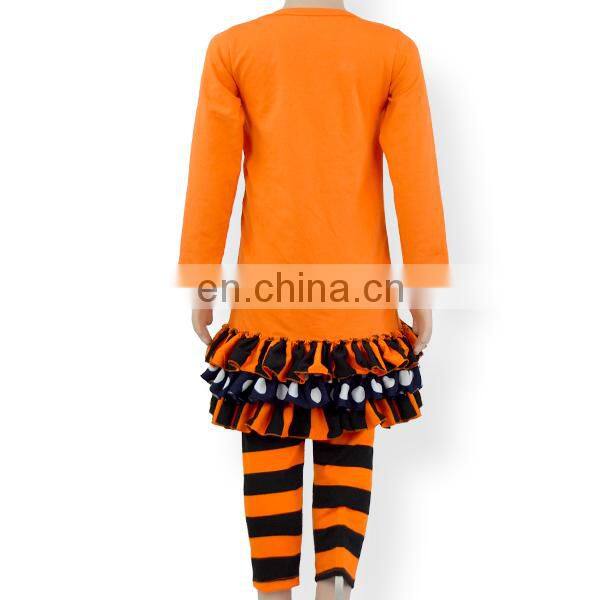 Girls boutique outfit cat printed double-deck Floral stripe Top and orange black stripe Trousers children sets