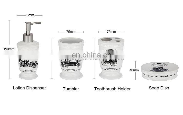 Contemporary art decal 4 pcs ceramic bathroom set accessories toilet brush accessories set
