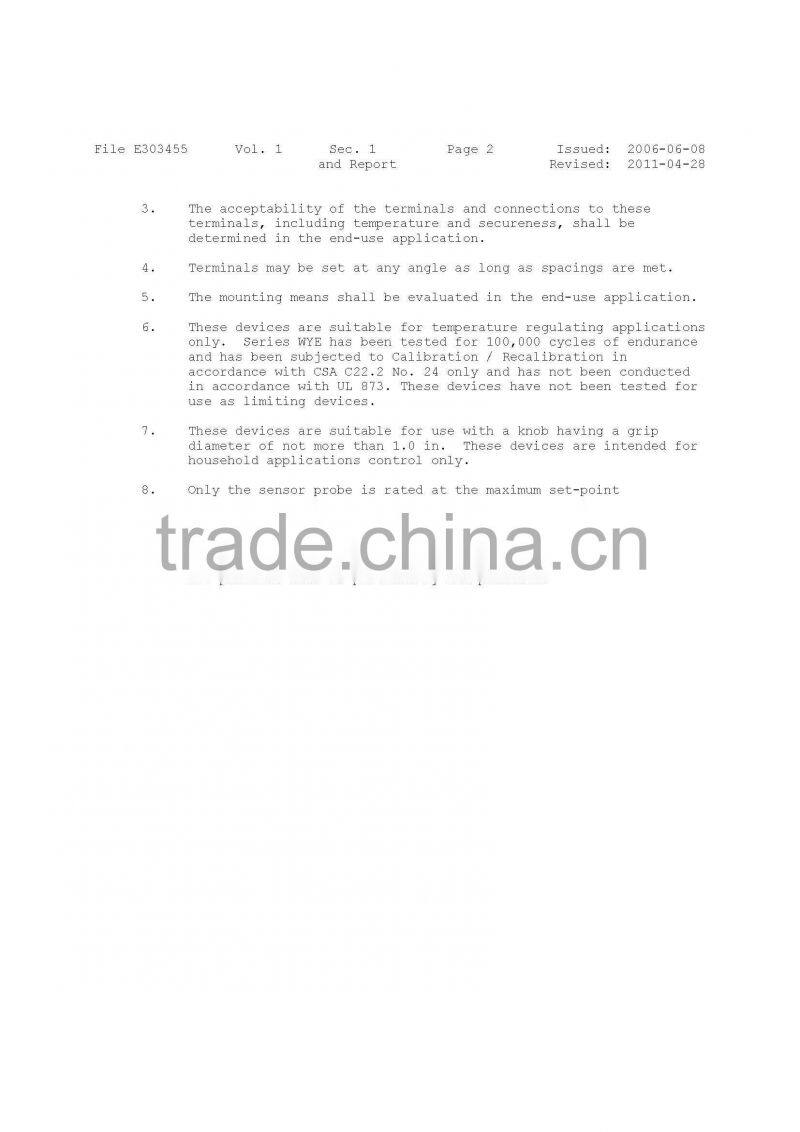 Salamander capillary thermostat with UL certificate WYE series