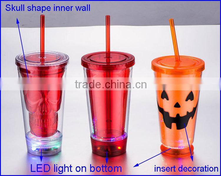 BPA free Acrylic double wall 16 oz tumblers with straw and LED light FDA standard PVC or paper insert mugs