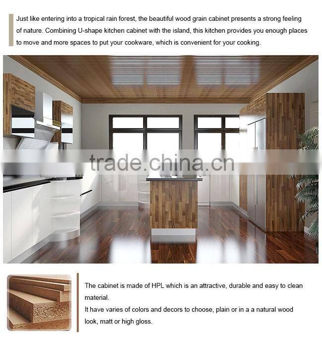 New Design U Shape Acrylic and Laminate Finish Cupboard Wooden Kitchen Cabinet with Island
